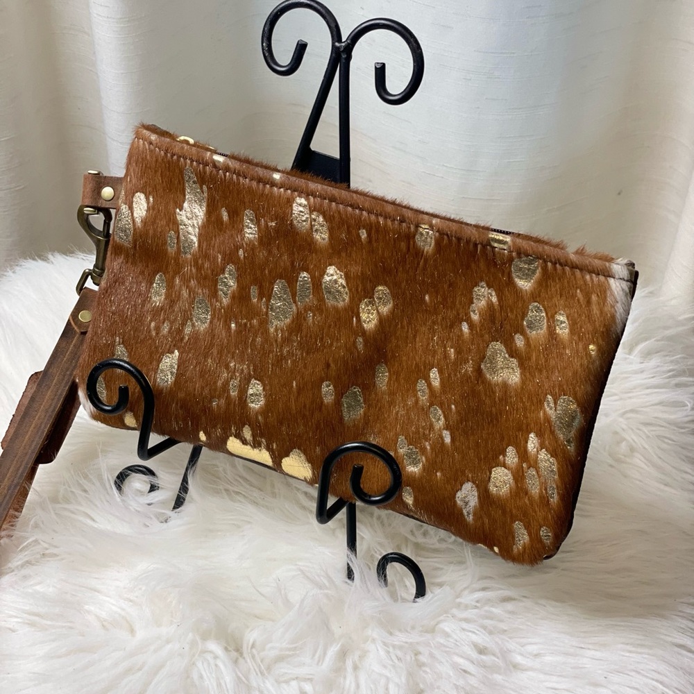 Cowhide Wristlet brown hair on hide with stunning gold acid wash highlights